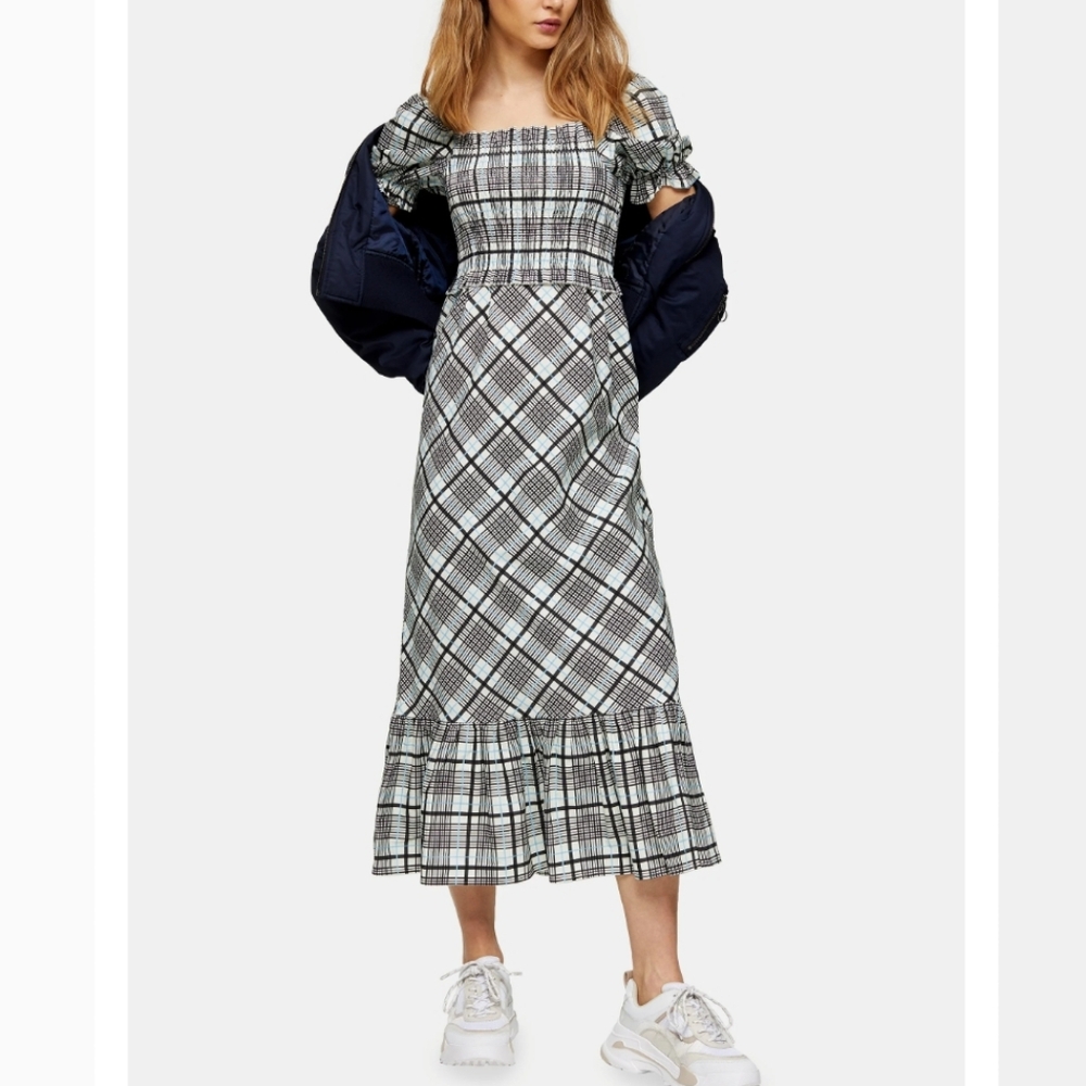 Topshop Blue Sheer Midi Check Dress Size: 10